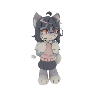 Modèle 3D d'une mignonne fille chat anime portant un uniforme scolaire et un sac à dos, avec des lunettes et des yeux express