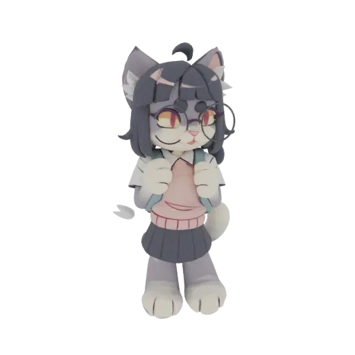 3D model of a cute anime cat girl wearing a school uniform and backpack, with glasses and expressive eyes.