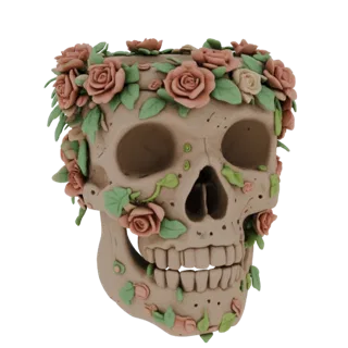 3D-Modell eines dekorativen Totenkopf-Pflanzgefäßes, verziert mit rosa Rosen und grünen Blättern, mit offener Oberseite.