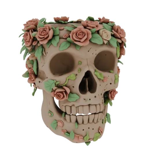 Modelo 3D de cachepô decorativo de caveira com rosas e folhas verdes, com abertura superior.