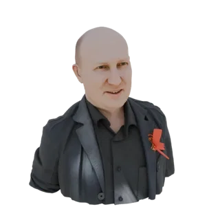 Renderização 3D de um homem careca vestindo um terno escuro e uma fita vermelha, contra um fundo branco.