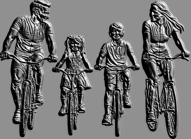 3D model of "Family on Bicycles" bas-relief in engraving style, depicting a father, mother, and two children on bicycles.