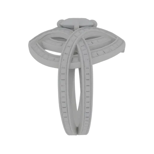 3D model render of an ornate, intertwined ring with a central gemstone setting, showcasing intricate details and elegant desi