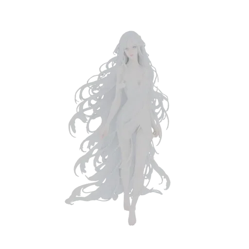 3D model of an ethereal white goddess with long flowing hair and a translucent white gown, standing gracefully.