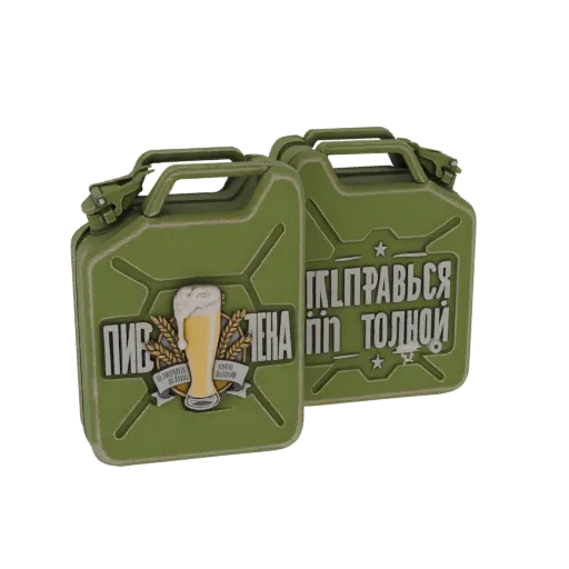 3D model of two green jerrycans, one with a beer glass emblem and Cyrillic text, the other with Cyrillic text.