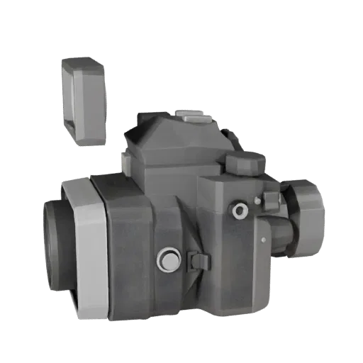 Vintage Video Camera Low Poly 3D model, game viewport three-quarter view, showing textured grips, lens barrels.
