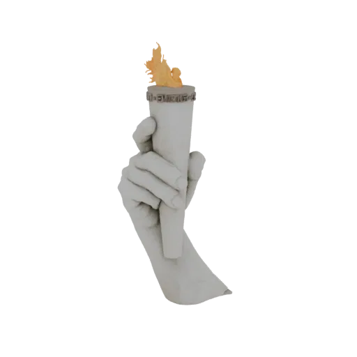 3D model of the Statue of Liberty's torch, held by a stone-like hand with a flame at the top.