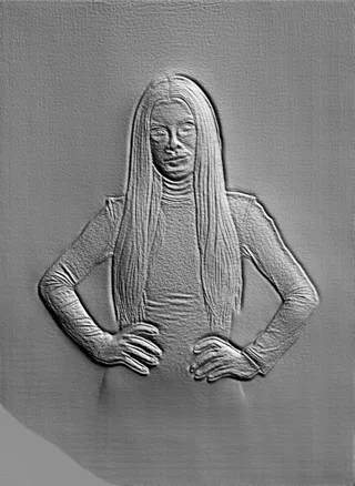 Modelo 3D de baixo-relevo de mulher com gola alta, vista frontal, com foco nos detalhes faciais e na textura do tecido.