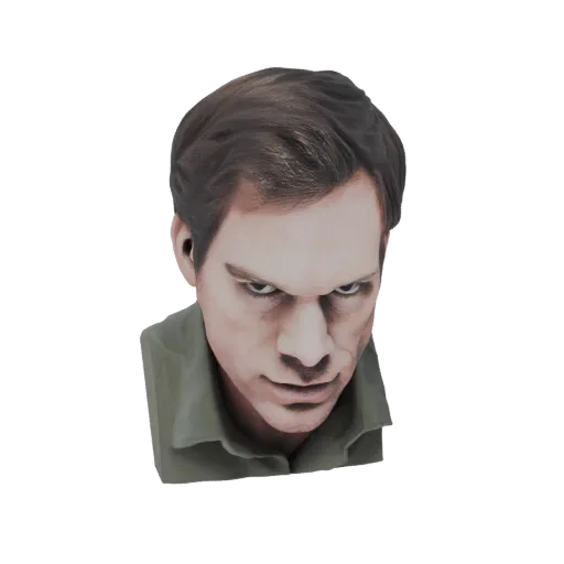 A 3D render of the Dexter Morgan mask, showing a close-up of the character's intense facial expression.