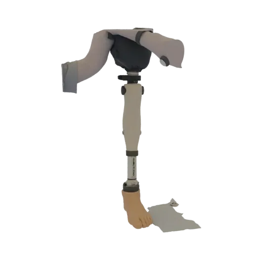 3D model of a prosthetic leg with a realistic foot and adjustable mechanical components, set against a black background.