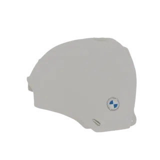 A 3D render of a light gray ski helmet with a blue and white BMW logo on the side, presented on a white background.