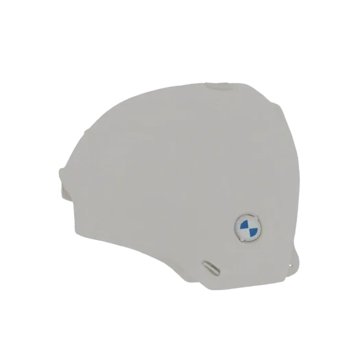 Una representación 3D de un casco de esquí gris claro con un logo de BMW en azul y blanco en el lateral, presentado sobre un