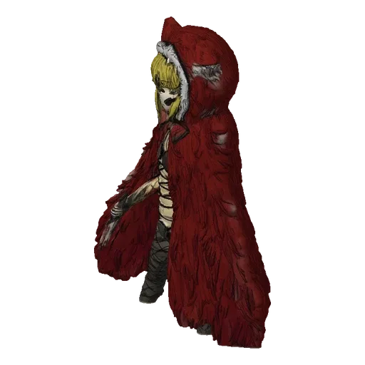 3D model of a character wearing a dark red hooded cloak and holding a bloody knife, with blonde hair visible.