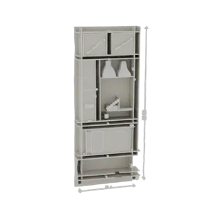 Modèle 3D d'une armoire de rangement modulaire avec plusieurs compartiments empilés, étagères et tiroirs, rendu dans un ton n