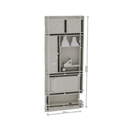Modelo 3D de um armário de armazenamento modular com múltiplos compartimentos empilhados, prateleiras e gavetas, renderizado