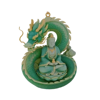 Modello 3D di un Buddha sereno che medita tra le spire di un dettagliato drago di smeraldo, su sfondo neutro.