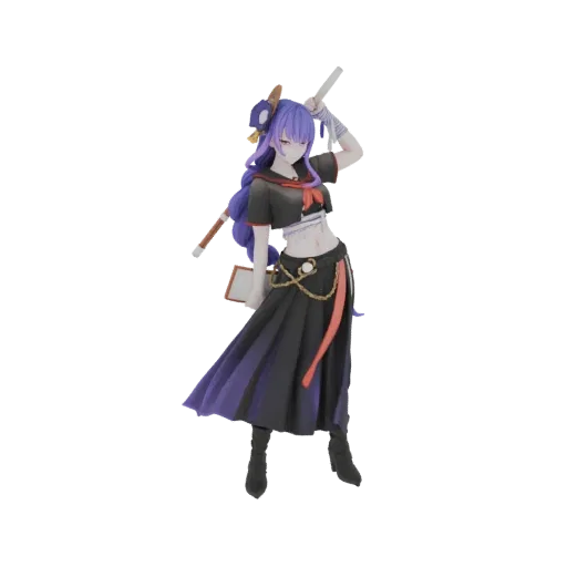 3D model of Raiden Shogun wearing a school uniform, with purple hair and a sword prop, against a white background.