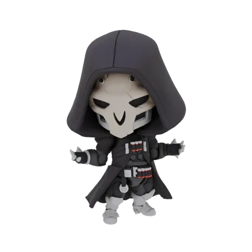 A 3D model render of a chibi Reaper character with a black hooded cloak and skull mask, posed with arms outstretched.