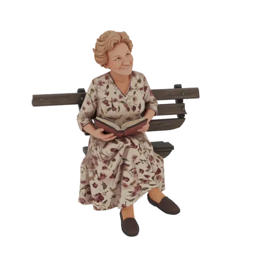 Modelo 3D de uma mulher idosa com cabelo loiro cacheado, vestindo um vestido floral, sentada em um banco de madeira e lendo u