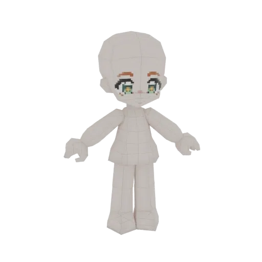 A 3D model of a Chibi character base mesh with a neutral pose, large green eyes, and a low-poly, stylized design, presented o