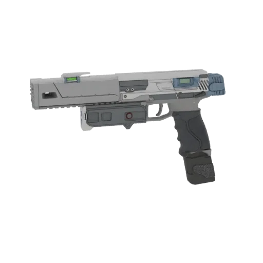Render 3D de uma pistola futurista sci-fi com corpo cinza e azul, apresentando mira verde e módulo acoplado abaixo do cano.