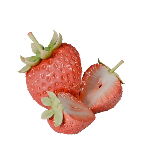 Sliced Strawberry Basket 3D model, three-quarter front view, AR viewer studio render, showing skin pores, form detail.