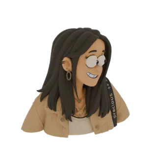 3D model of a stylized cartoon girl's bust, smiling with large eyes and dark hair, wearing a beige jacket.