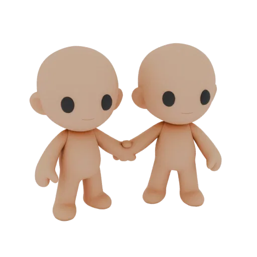 3D model of two cute chibi people holding hands, with large heads and simple facial features.