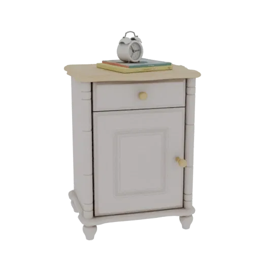 A 3D model of a classic white nightstand with a light wood top, featuring a drawer and a cabinet door, standing on turned leg