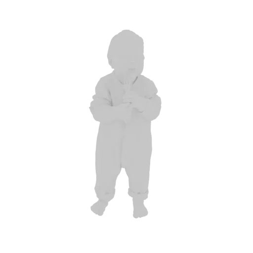 3D model of a baby wearing pajamas and holding a small toy, rendered in a neutral gray tone.