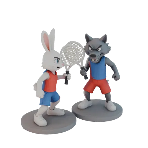 3D model of a cartoon white rabbit and a grey wolf in athletic wear, holding tennis rackets and facing each other in a playfu