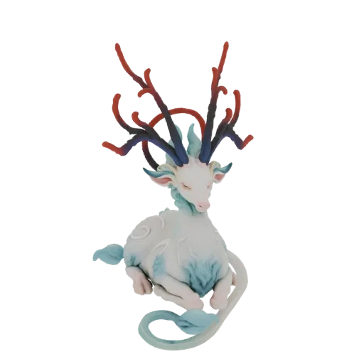 3D model of a mythical white deer with closed eyes and elaborate red and blue antlers, resting peacefully.