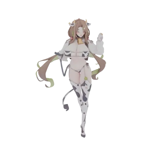 3D model of an anime cow girl with brown hair, cow print stockings, and a bell collar, striking a playful pose.