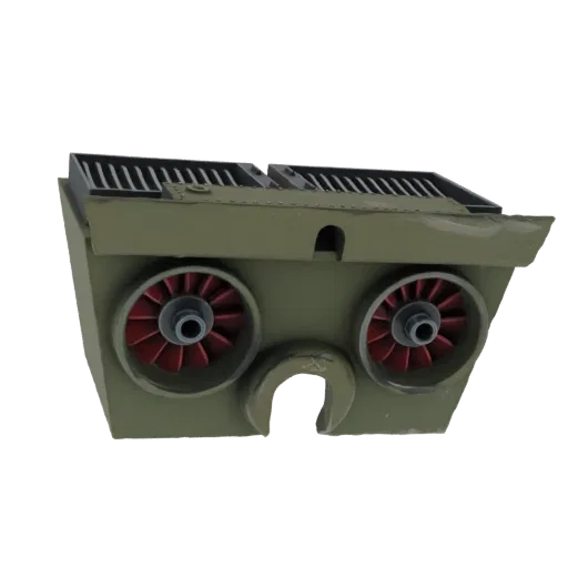 3D model of an olive green engine housing with two red fans and a slatted grille on top, set against a black background.