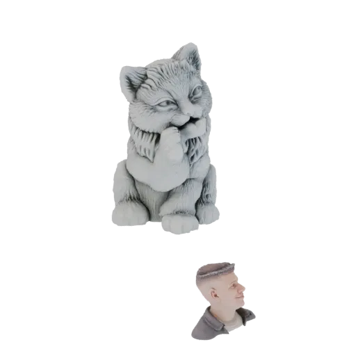 3D model preview of a curious gray cat statue and a detailed bust of a smiling soldier.