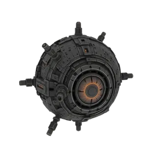 3D model of a dark, spherical sci-fi drone with detailed paneling and a glowing orange central core, set against a white back