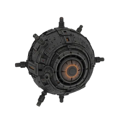 3D model of a dark, spherical sci-fi drone with detailed paneling and a glowing orange central core, set against a white back