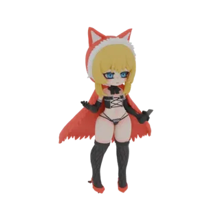 3D-Modell eines Chibi-Fuchsin mit blonden Haaren, blauen Augen, rotem Kapuzenumhang, schwarzem Outfit und Netzstrümpfen, die
