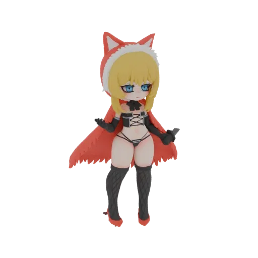 3D model of a chibi fox girl with blonde hair, blue eyes, wearing a red hooded cape, black outfit, and fishnet stockings, hol