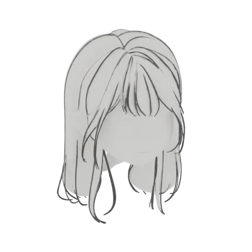 Modelo 3D de un corte de pelo bob estilo anime gris claro con flequillo, visto de frente.