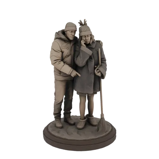 3D model of a couple in winter coats, one pointing and the other holding a broom, on a circular base, rendered in sepia tone.