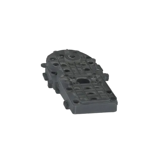 3D model of a dark gray industrial gearbox housing with visible mounting points and internal grid-like structure.