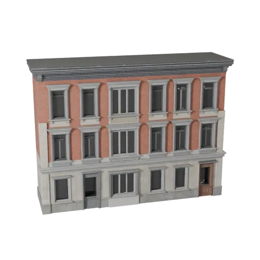 Modular Street Facade Kit low poly 3D model, game-ready exterior view, showing modular building kit materials and architectural detail