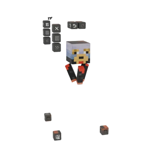 Modelo 3D de cão estilo Minecraft usando capacete azul e traje vermelho, com vários blocos espalhados ao redor.