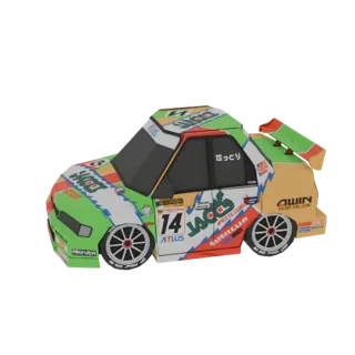 Ein 3D-Rendering eines bunten Rennwagens im Papercraft-Stil mit lebendiger Lackierung und prominentem Heckspoiler vor weißem