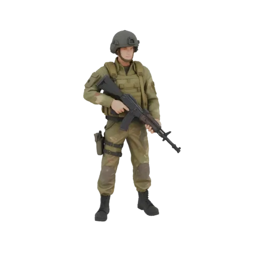 3D model Russian soldier helmet tactical vest holding Kalashnikov rifle