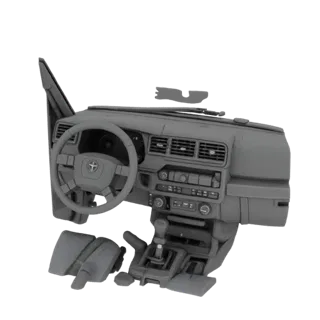 Modello 3D interni Toyota Hilux Surf 185, vista frontale, che mostra cruscotto, volante e console centrale.