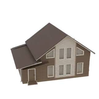 Modèle 3D d'une maison moderne à deux étages avec un toit à deux versants brun, un revêtement de couleur claire et de grandes