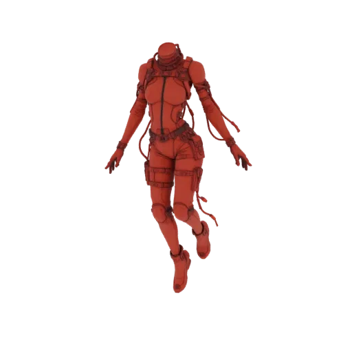 A headless female mannequin wearing a detailed red sci-fi jumpsuit, posed dynamically against a white background.