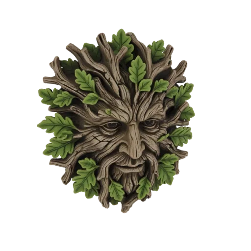 3D-Modell eines Grüner Mann Waldgeist Wandreliefs mit einem Gesicht aus Rinde, umgeben von Eichenblättern.